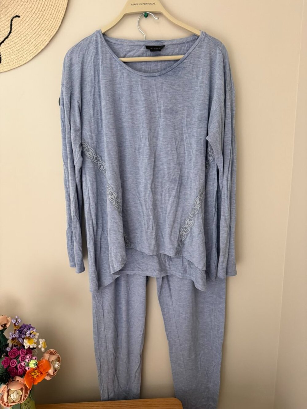 Natori Lounge PJ Set Heathered Blue Grey Lace Trim Top M + Pants L